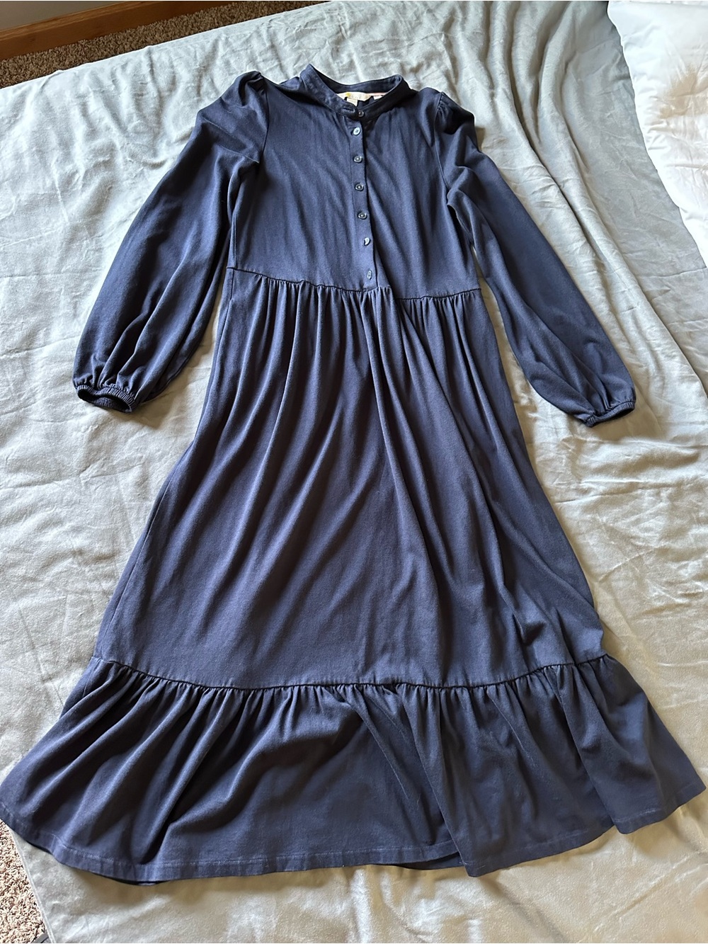 Boden Navy Long-Sleeve Button-Front Midi Dress with Ruffle Hem